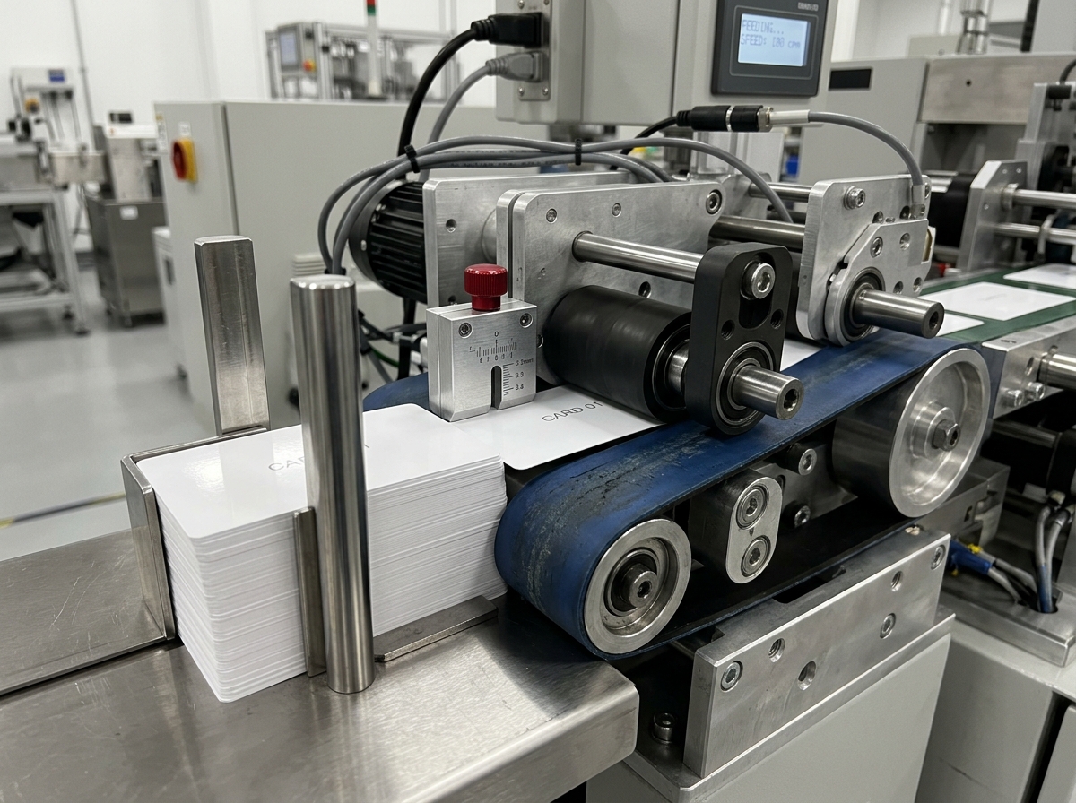 Detailed view of a friction feeder belt assembly showing the separation gate and drive rollers - high-speed card feeders Detailed view of a friction feeder belt assembly showing the separation gate and drive rollers - high-speed card feeders