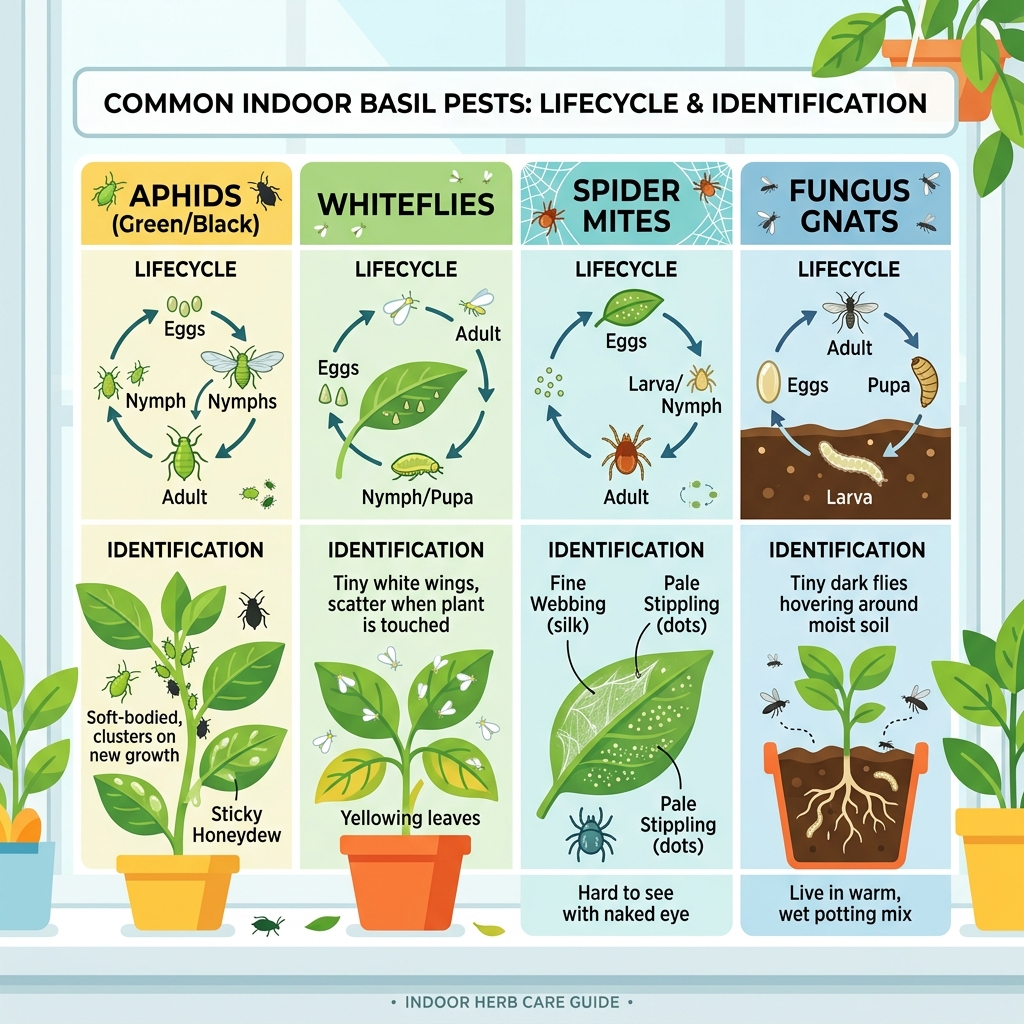Common indoor basil pests lifecycle and identification infographic - basil bugs kitchen windowsill infographic 