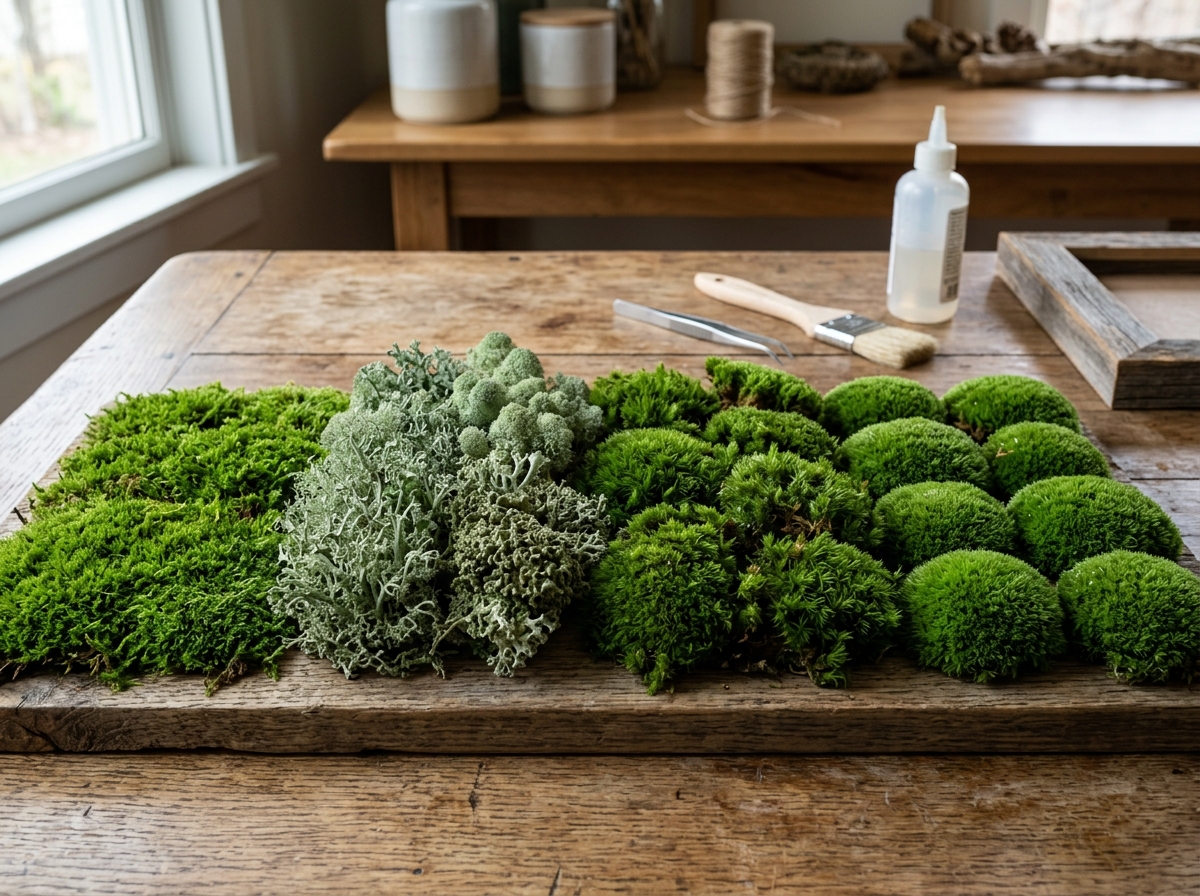 A variety of moss types including reindeer, mood, and sheet moss organized for a project - build moss wall art