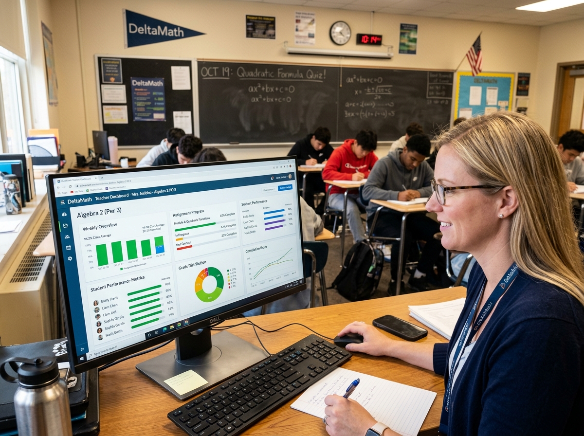 DeltaMath teacher dashboard showing assignment tracking and student progress metrics - delta math