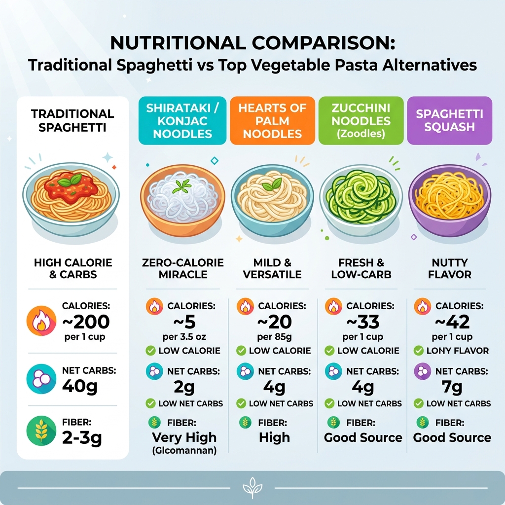 Nutritional comparison infographic: traditional spaghetti vs top vegetable pasta alternatives - low calorie pasta