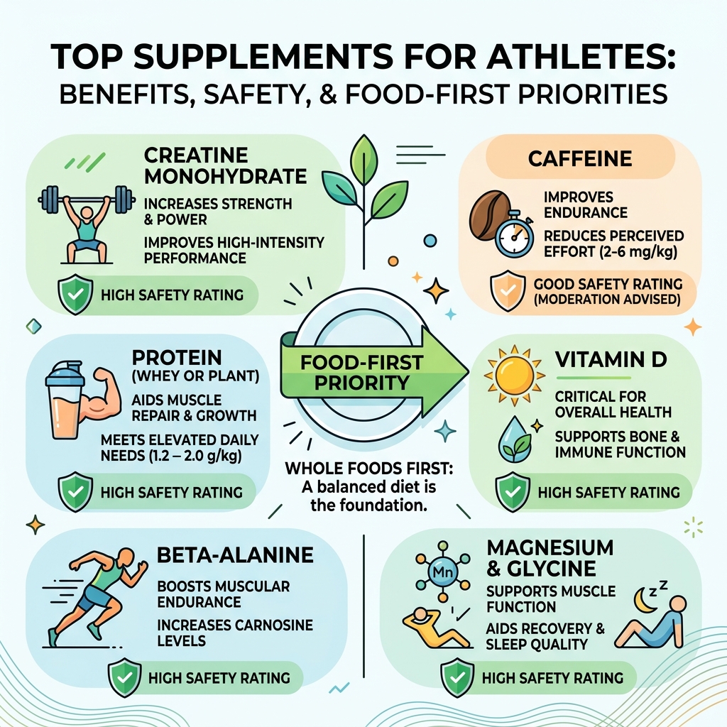 Infographic showing top supplements for athletes, benefits, safety ratings, and food-first priority - nutritional Infographic showing top supplements for athletes, benefits, safety ratings, and food-first priority - nutritional