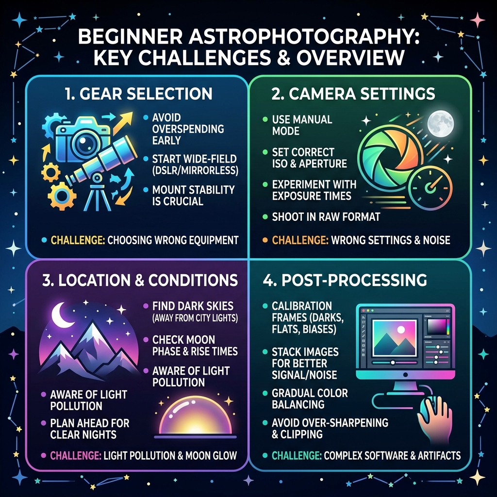 Beginner astrophotography challenges overview infographic with gear, settings, location, and processing steps - top