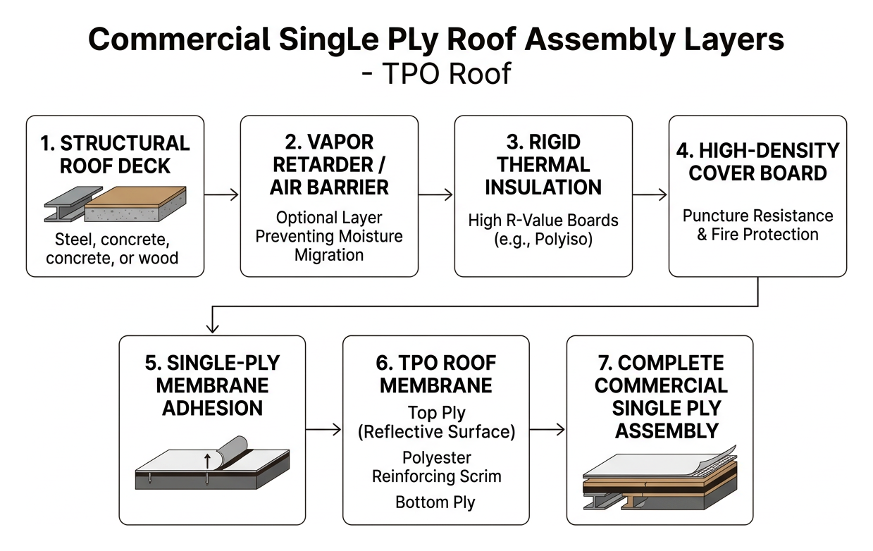 commercial single ply roof assembly layers