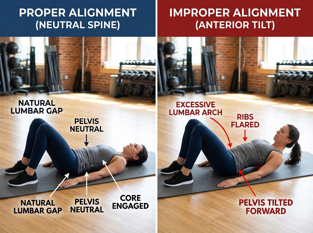 proper vs improper pelvic alignment: showing a neutral spine versus an excessively arched lower back - core strength home