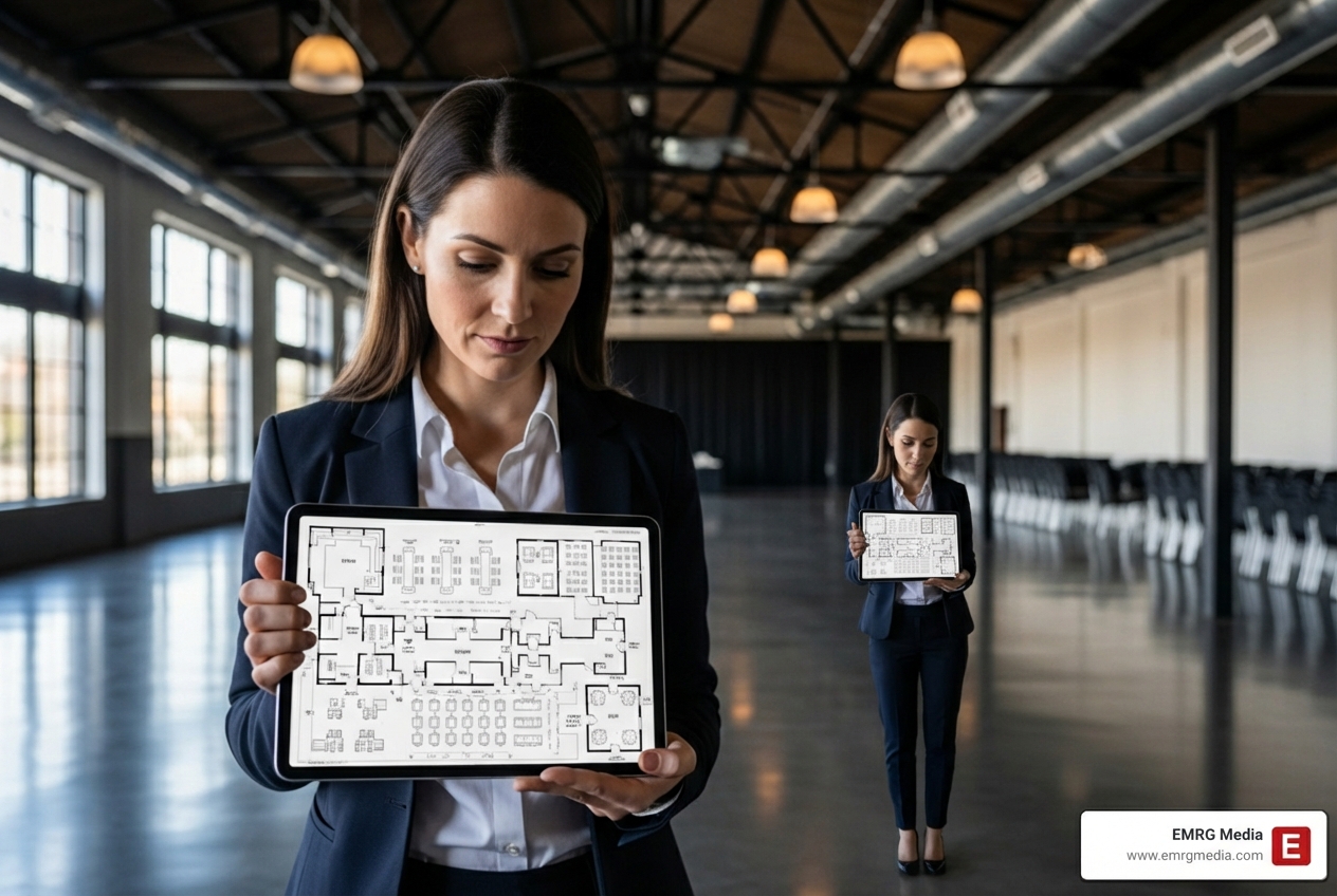 event planner reviewing a detailed floor plan on a tablet at a large, empty venue - corporate events planner