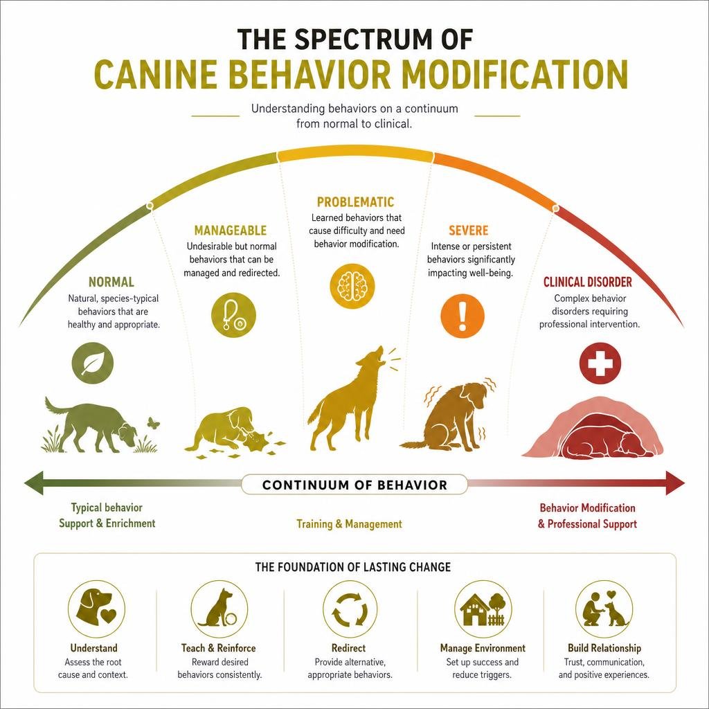 Infographic explaining the spectrum of canine behavior modification infographic