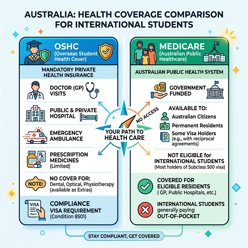 Infographic comparing OSHC coverage vs Medicare benefits for international students in Australia - australia student