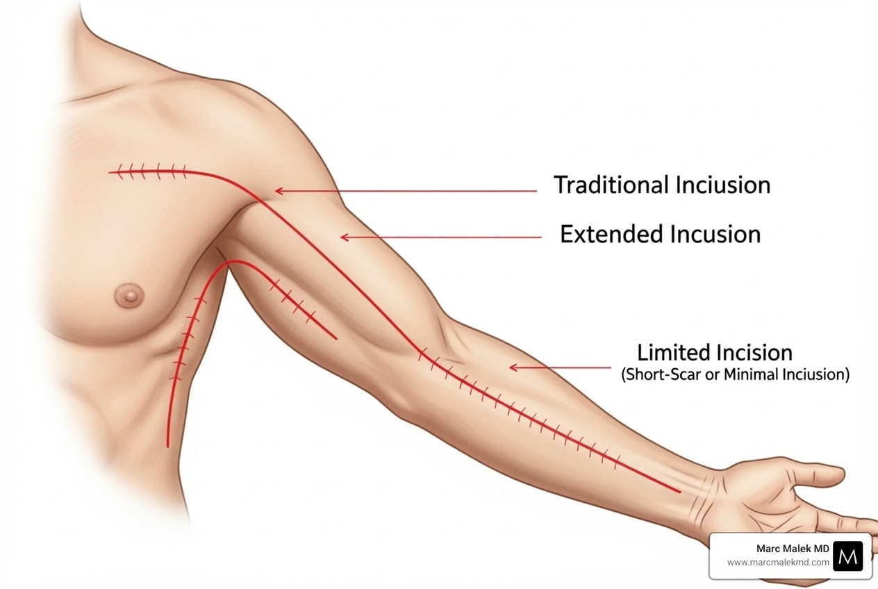 illustration of different arm lift incision patterns including traditional, extended, and limited incisions - arm lift illustration of different arm lift incision patterns including traditional, extended, and limited incisions - arm lift