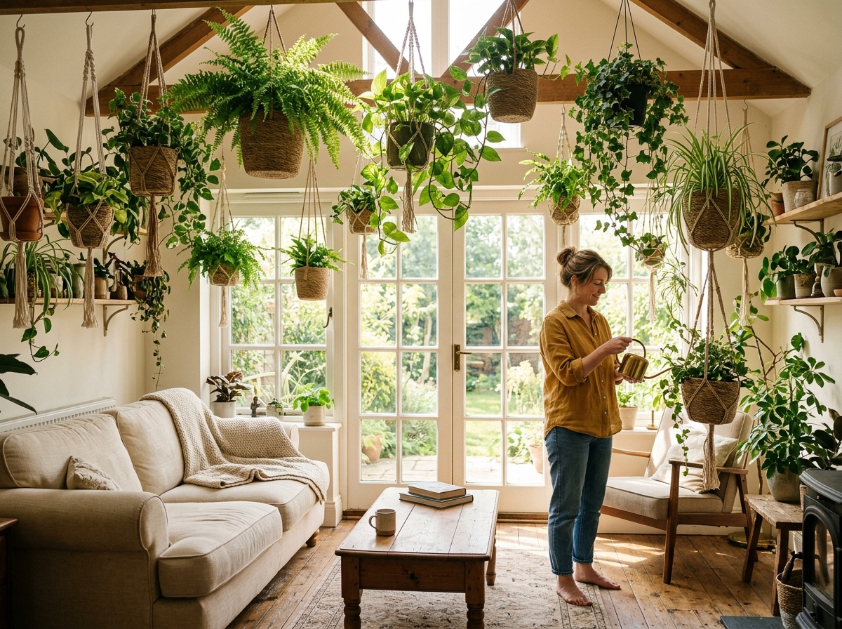 Sunlit room filled with hanging greenery in natural hemp baskets - hemp hanging plant baskets