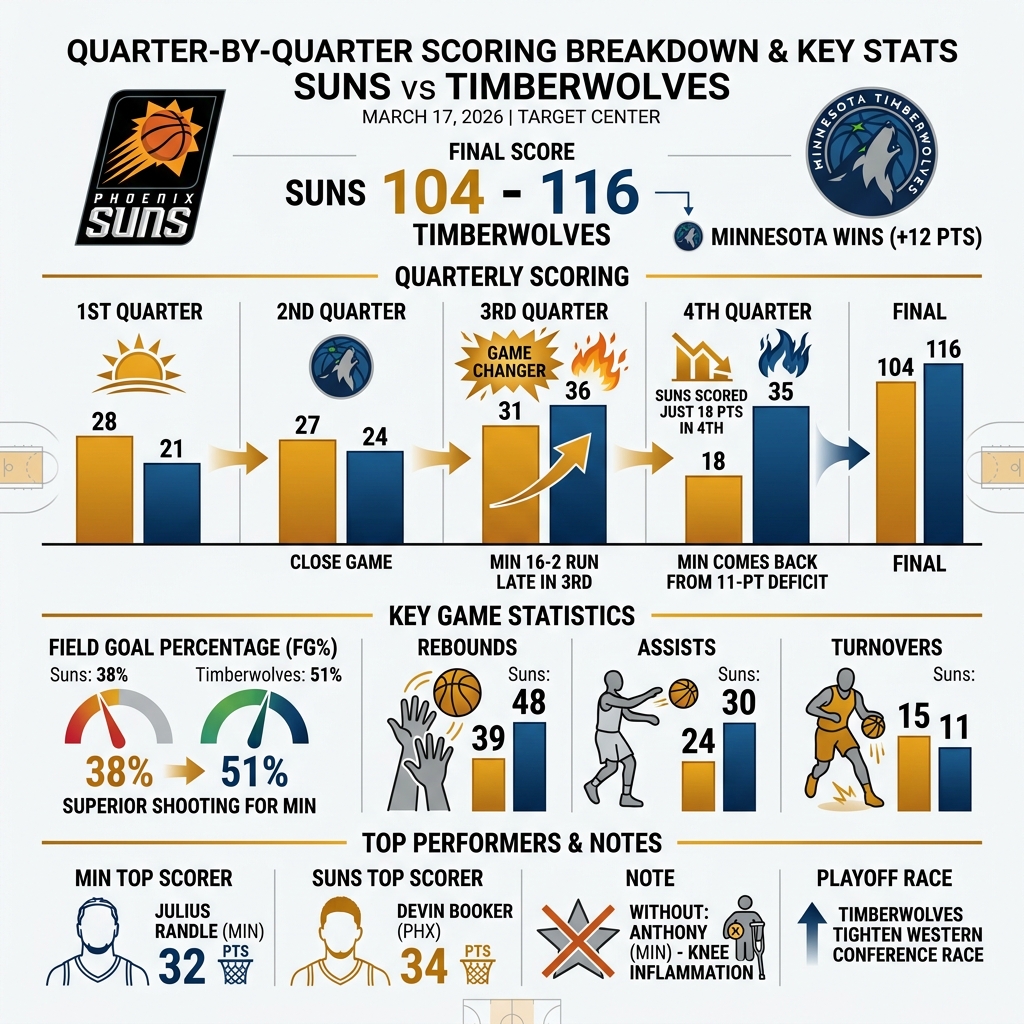 Quarter-by-quarter scoring breakdown and key stats for Suns vs Timberwolves March 17 2026 - suns vs timberwolves infographic 