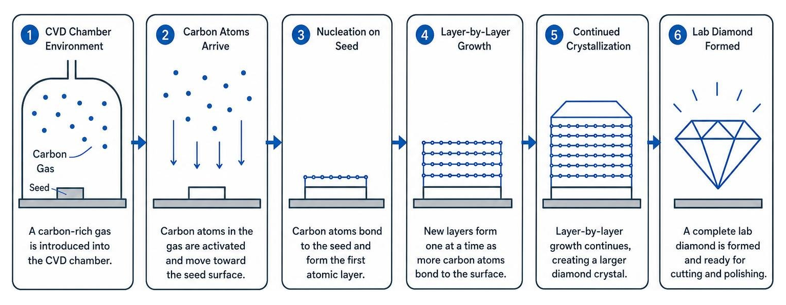 A diagram showing how carbon gas in a CVD chamber crystallizes layer by layer onto a seed to form a lab diamond