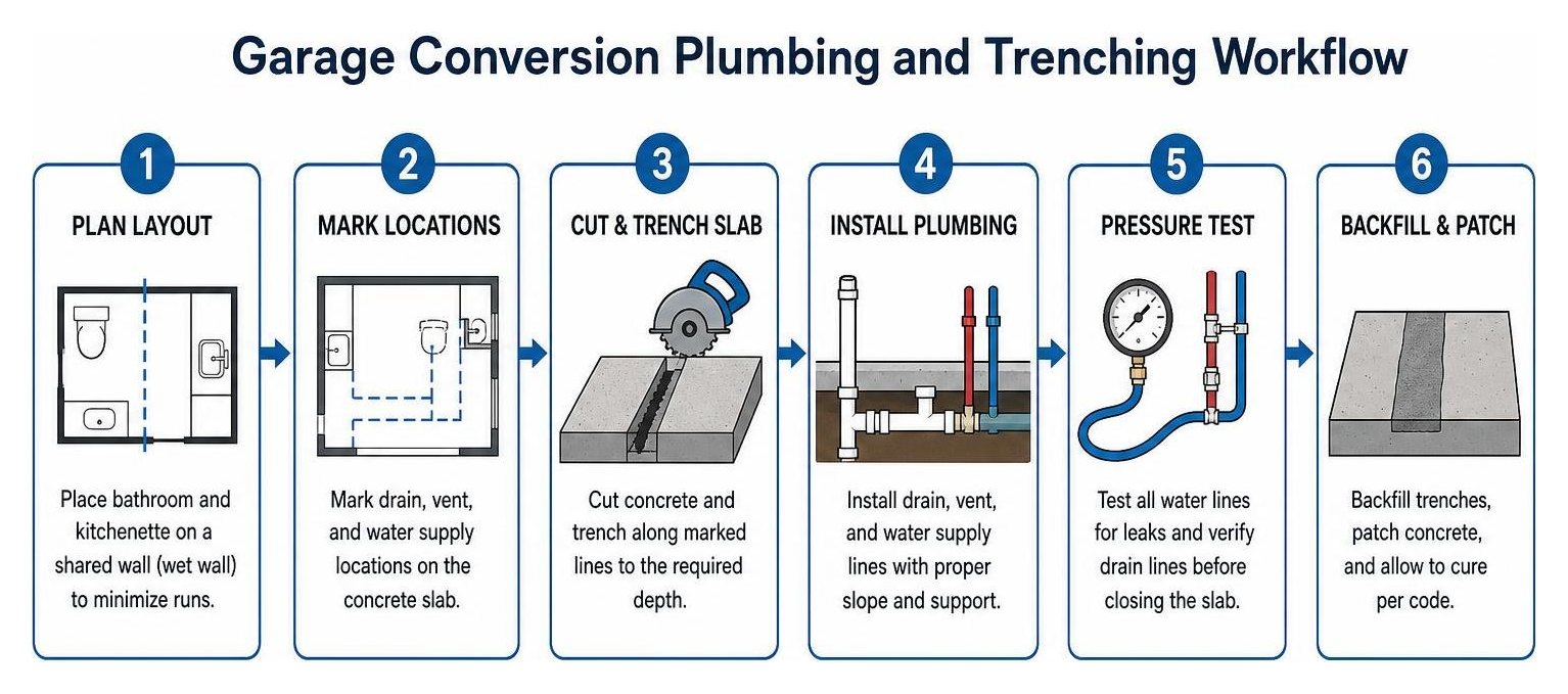 Garage conversion plumbing and trenching workflow