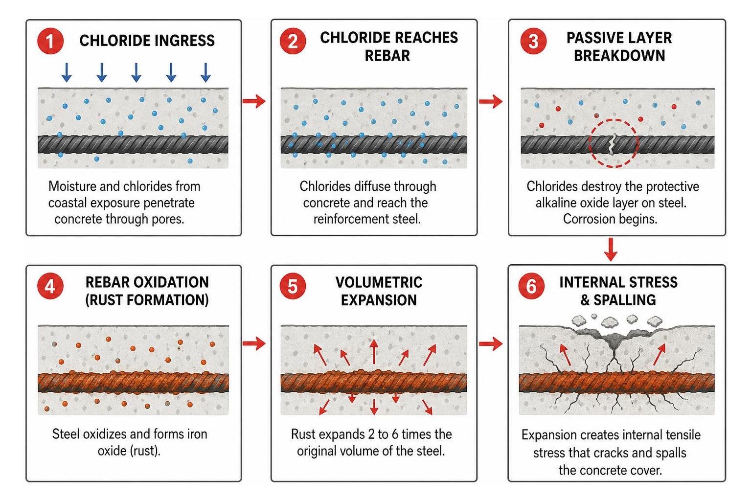 Mechanism of chloride ingress leading to rebar oxidation and concrete spalling