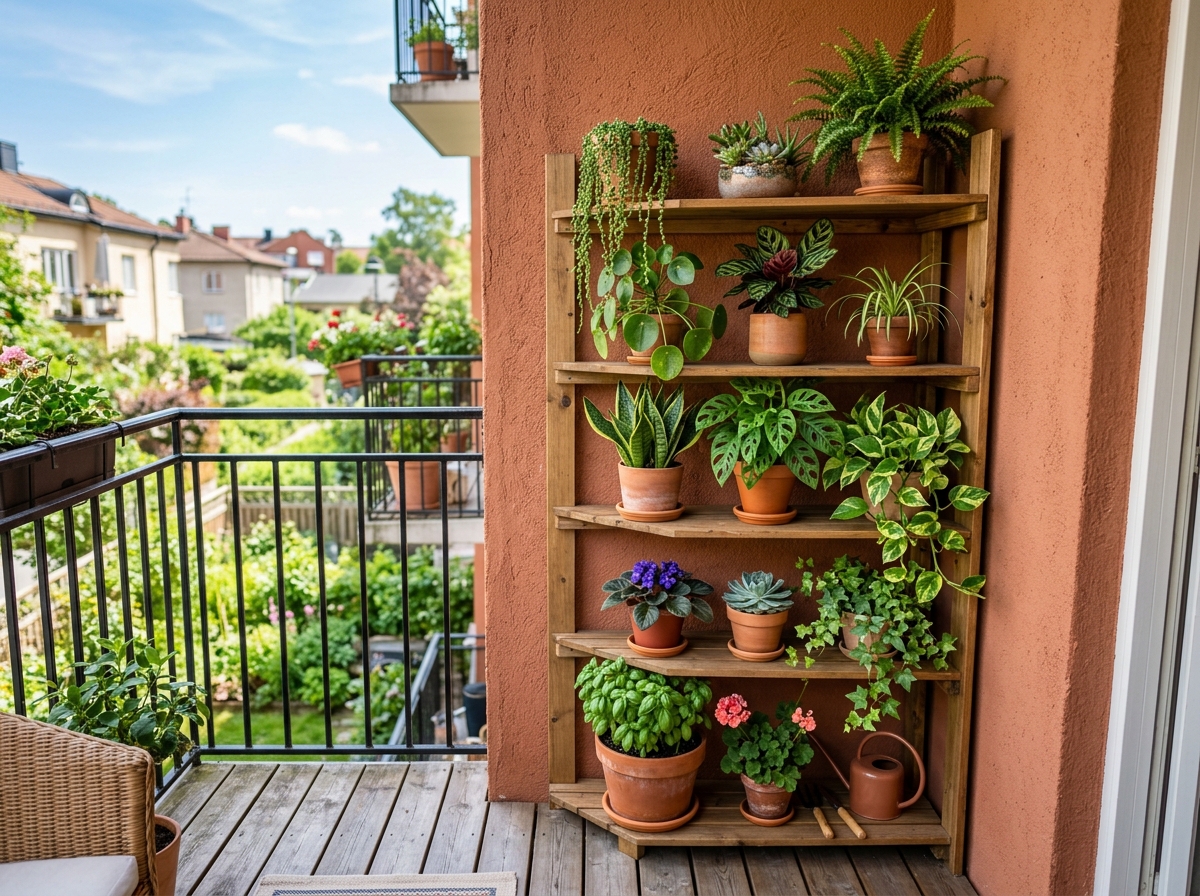 5-tier wooden corner stand with several potted plants - simple balcony corner shelves