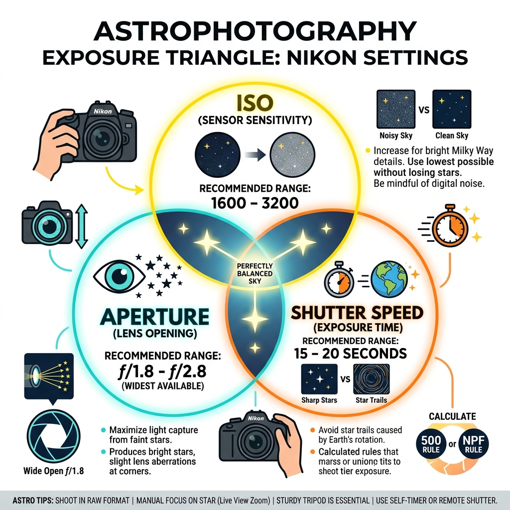 Exposure triangle for astrophotography: ISO, aperture, shutter speed with Nikon settings - Nikon astrophotography settings