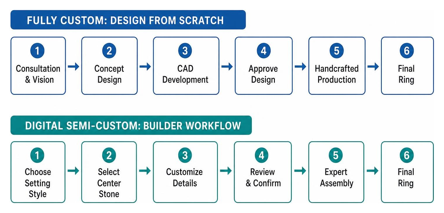 Comparison diagram of fully custom design process versus digital semi-custom builder workflows
