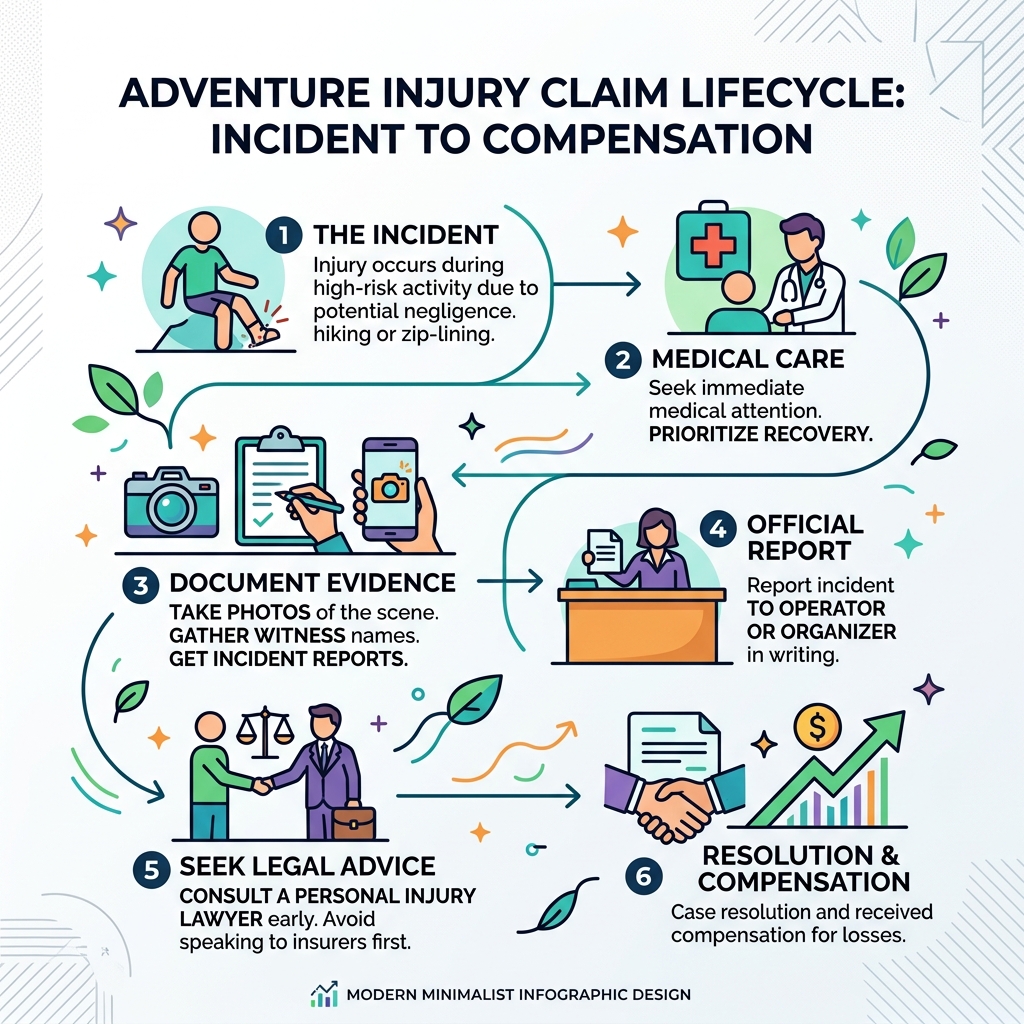 Adventure injury claim lifecycle: from incident to compensation - adventure activity injury claim infographic Adventure injury claim lifecycle: from incident to compensation - adventure activity injury claim infographic