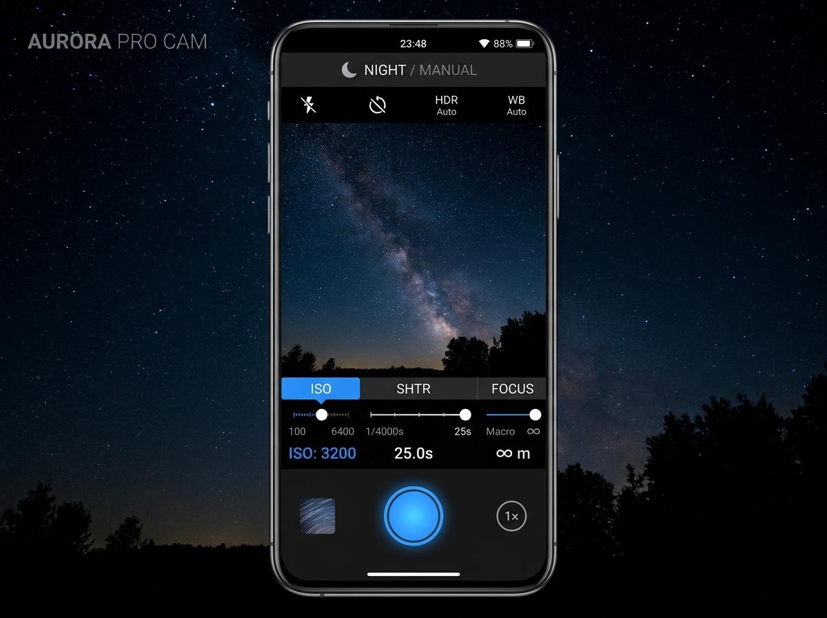 Manual camera app interface showing sliders for ISO, shutter speed, and focus - night sky photography settings phone