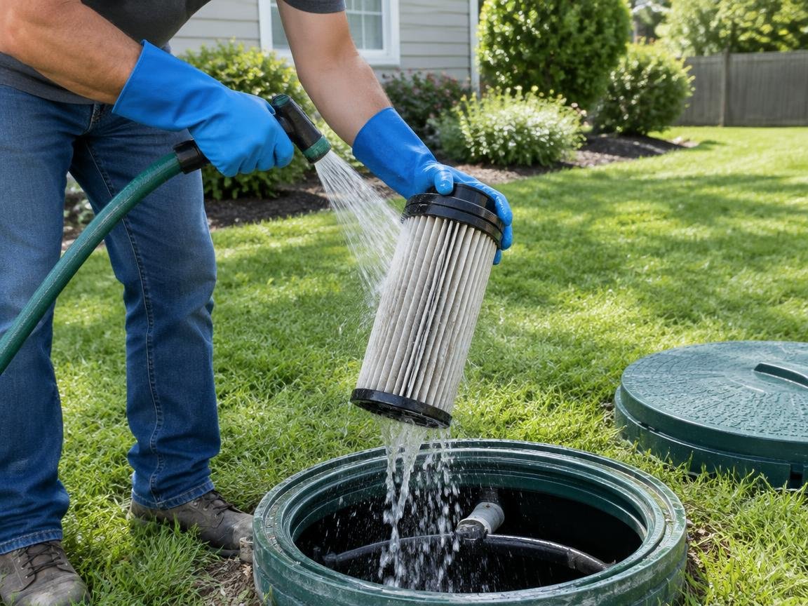rinsing an effluent filter cartridge directly over the open septic tank port