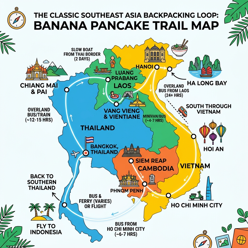 Classic Southeast Asia backpacking overland loop map with countries, stops, and estimated travel times - backpacking