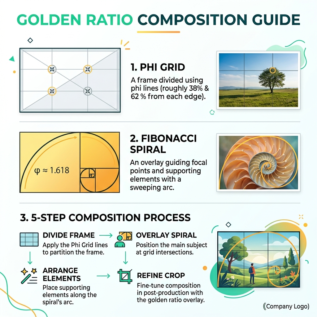 Golden ratio composition guide infographic showing phi grid, Fibonacci spiral, and 5-step composition process - golden ratio Golden ratio composition guide infographic showing phi grid, Fibonacci spiral, and 5-step composition process - golden ratio