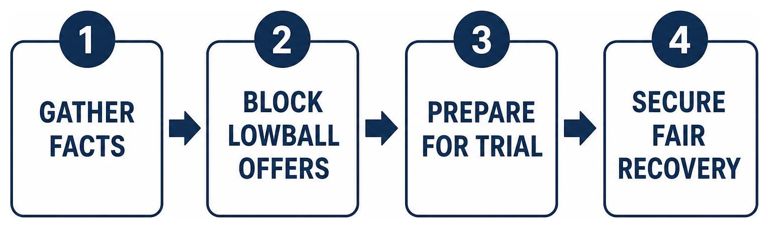 Process of fighting insurance bias: gather facts, block lowball offers, prepare for trial, secure fair recovery Process of fighting insurance bias: gather facts, block lowball offers, prepare for trial, secure fair recovery