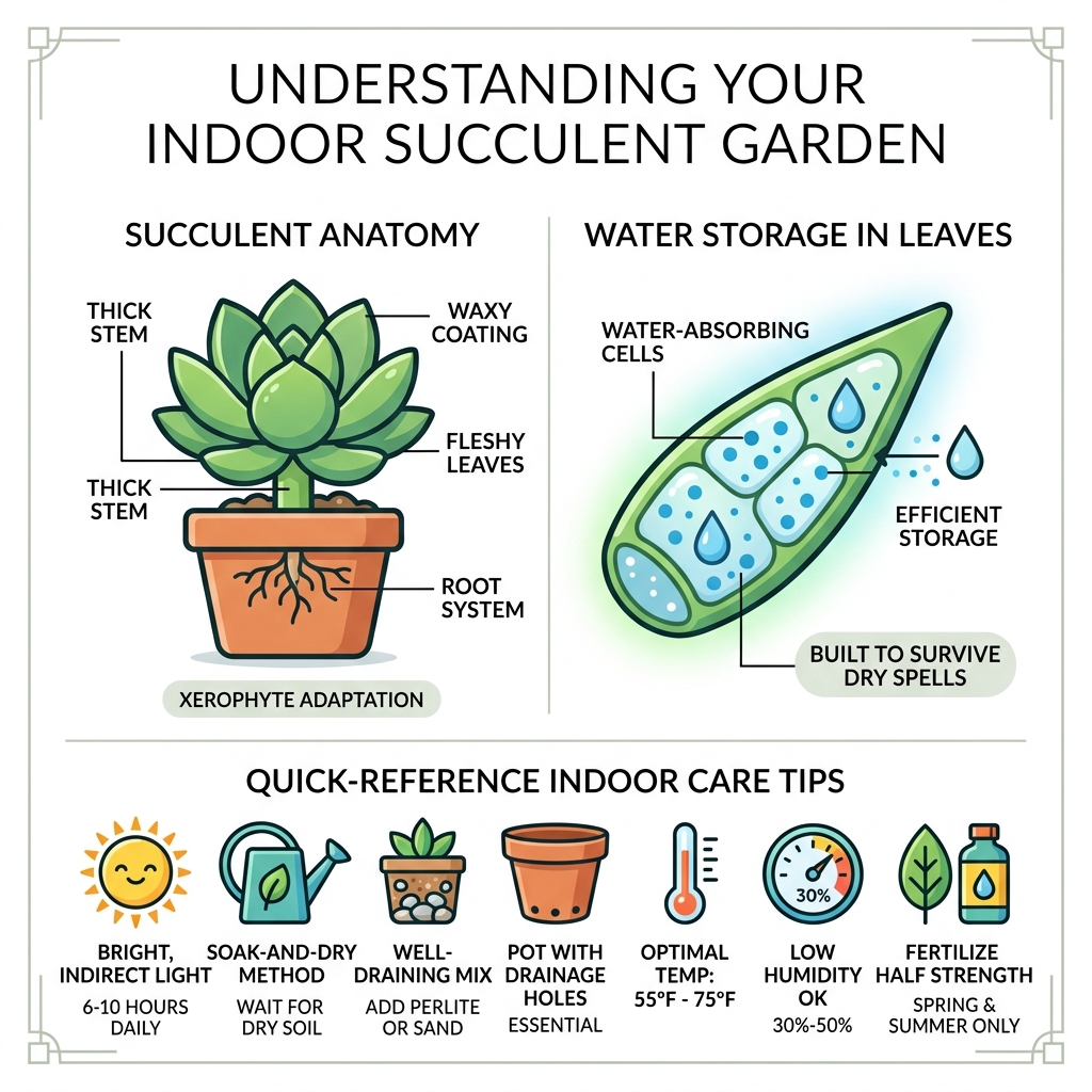 Infographic showing succulent anatomy, water storage in leaves, and quick-reference indoor care tips - indoor succulent