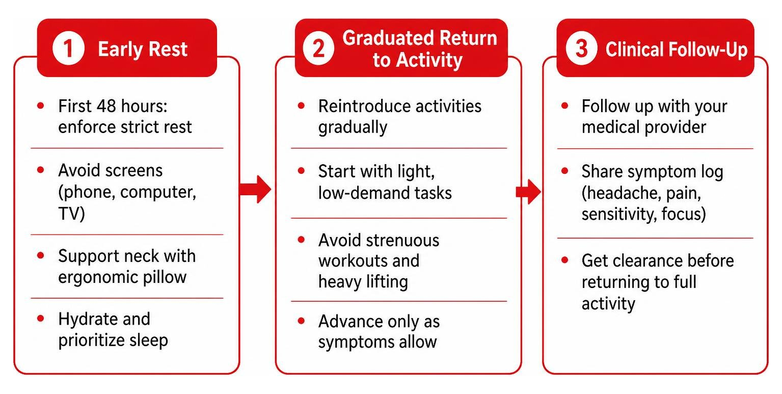 Process flow diagram showing early rest, graduated return to activity, and clinical follow-up