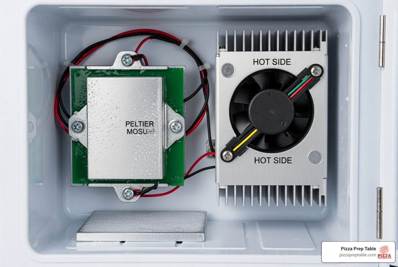 inside of a thermoelectric cooler showing the Peltier module - desktop drink cooler
