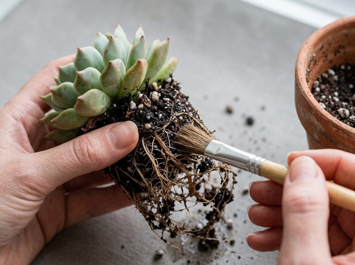 Succulent removed from its pot with wet soil being brushed away from the roots - overwatered succulent recovery steps
