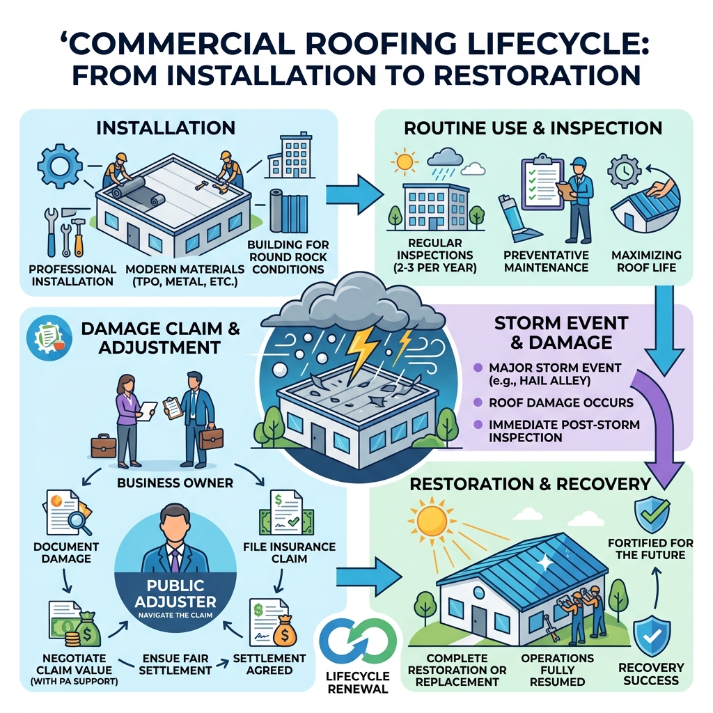 Lifecycle of a commercial roofing system from installation to storm damage claim to restoration - Round Rock roof Lifecycle of a commercial roofing system from installation to storm damage claim to restoration - Round Rock roof