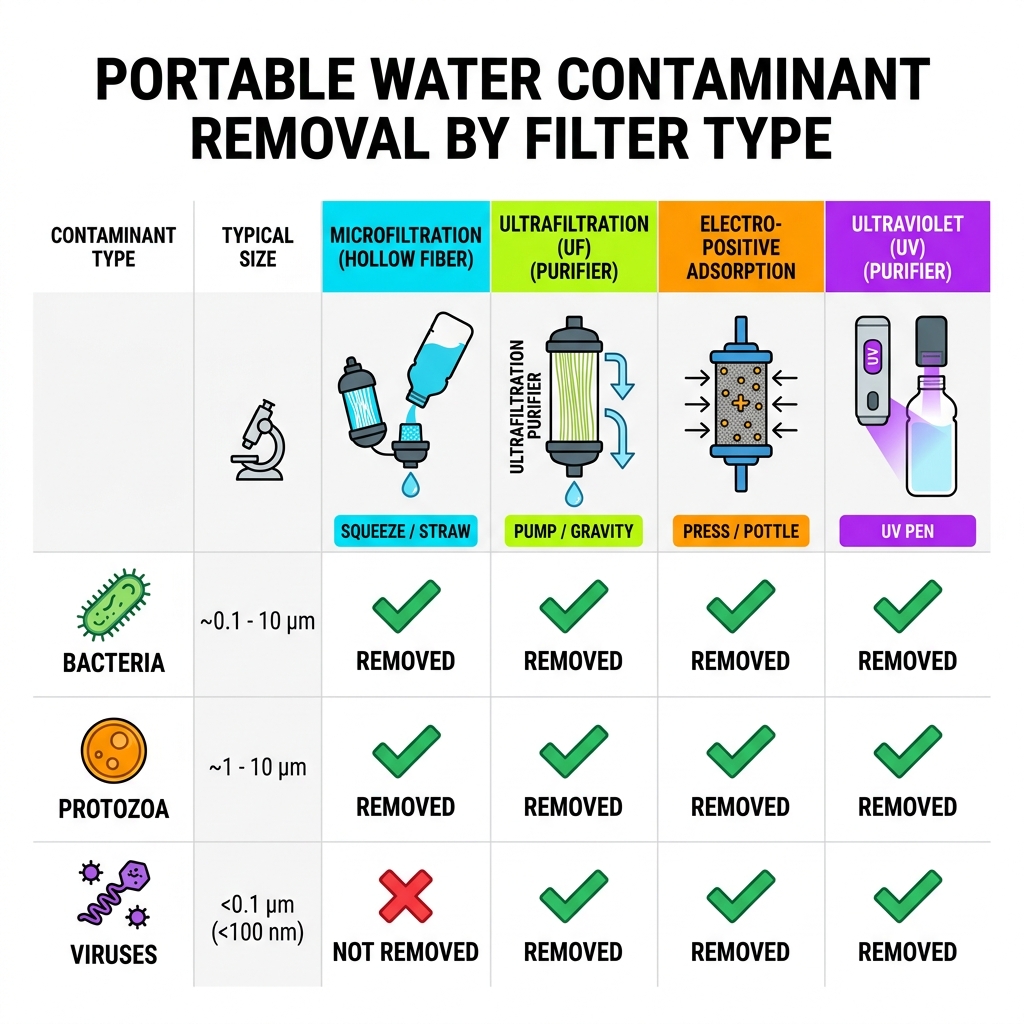 Infographic comparing bacteria, protozoa, and virus removal across portable water filtration types - portable water