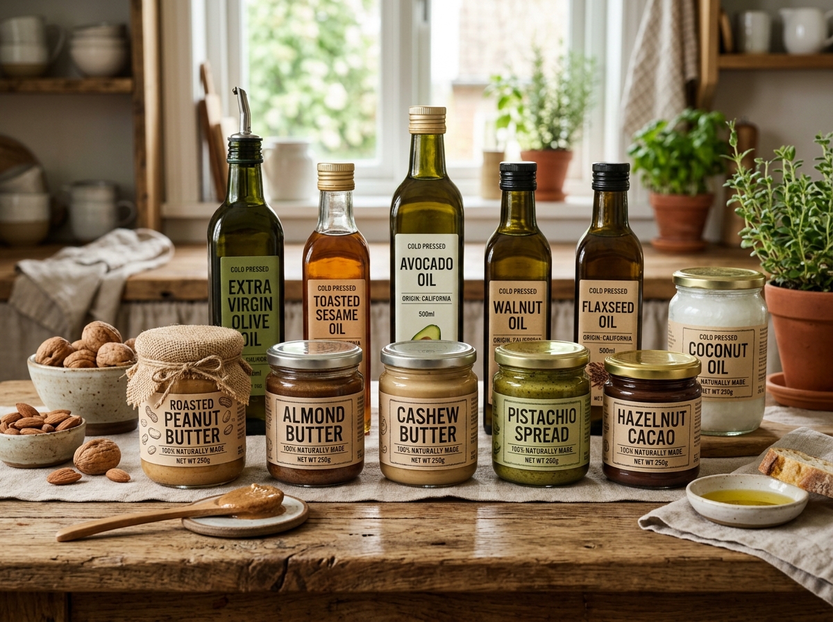 various nut butters and oils on a wooden table - high calorie vegan meal prep various nut butters and oils on a wooden table - high calorie vegan meal prep