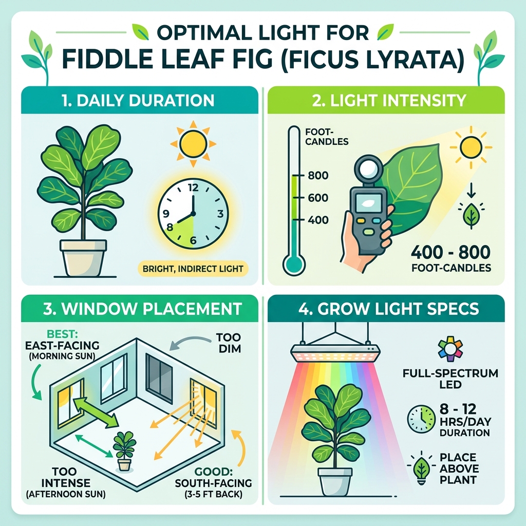 Infographic showing fiddle leaf fig light requirements including hours, intensity, window placement, and grow light specs Infographic showing fiddle leaf fig light requirements including hours, intensity, window placement, and grow light specs