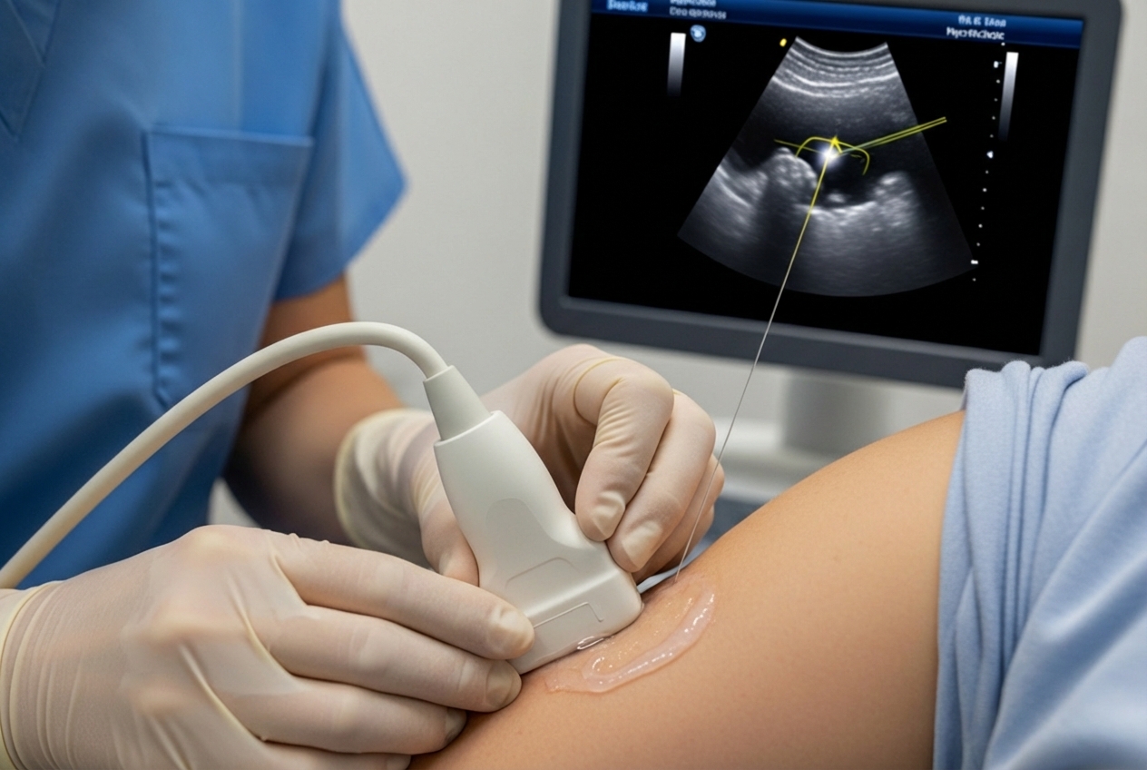 A close-up image of a medical professional using an ultrasound probe on a patient's arm, with a needle visible on the screen, indicating precise guidance for a nerve block - nerve block