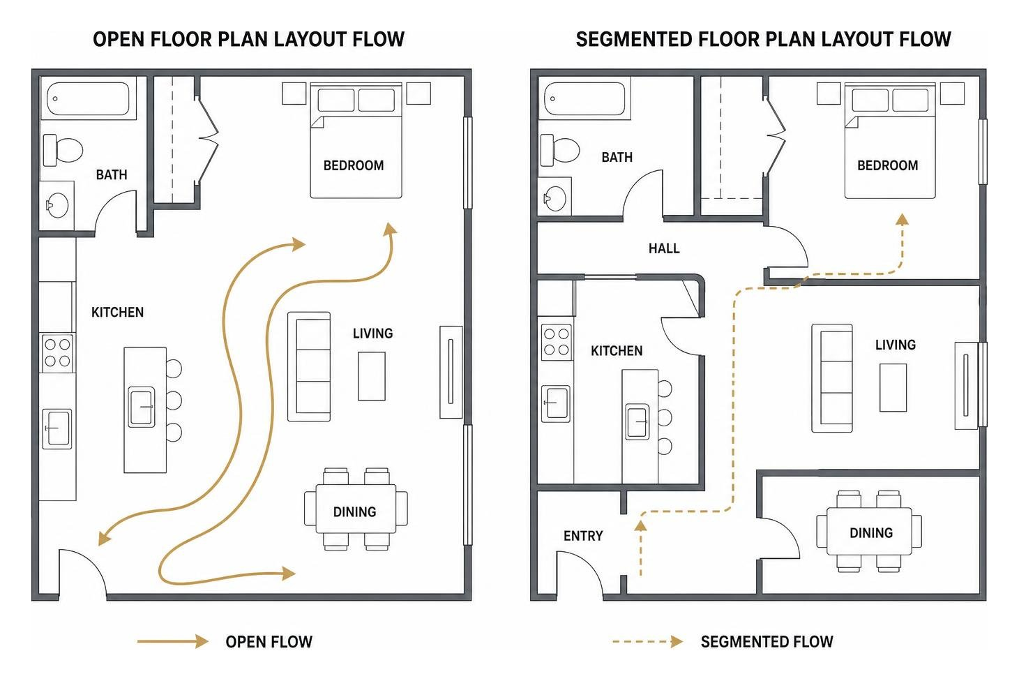 Diagram showing open floor plan layout flow versus segmented floor plan layout flow Diagram showing open floor plan layout flow versus segmented floor plan layout flow