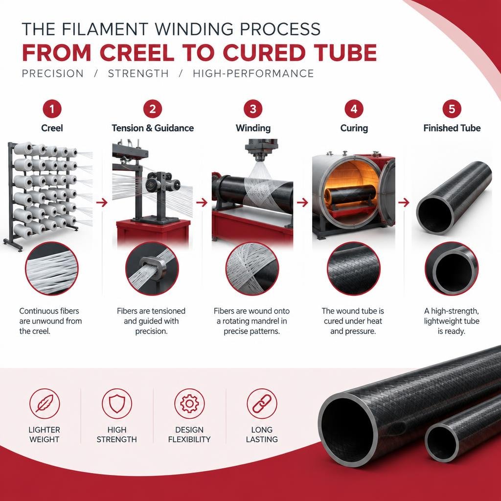 step-by-step filament winding process from creel to cured tube infographic