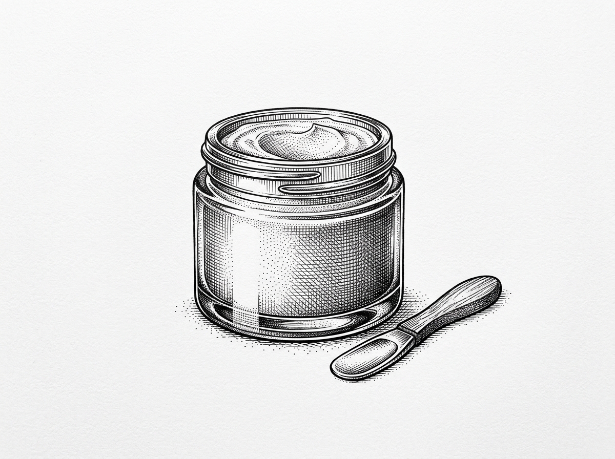 A jar of skin cream with a small applicator spatula, crosshatched style - best cream for pimples and dark spots