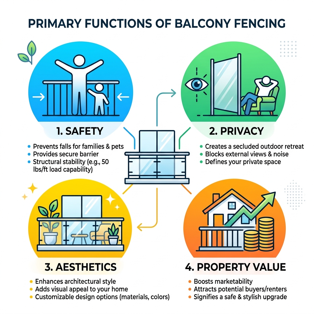 Infographic showing primary functions of balcony fencing: safety, privacy, aesthetics, property value - fence design for