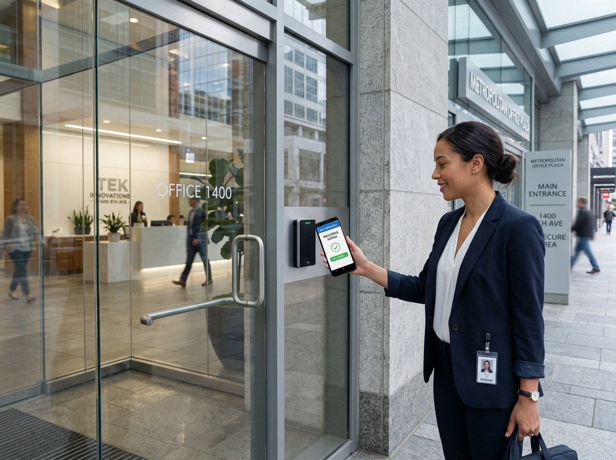 employee using a mobile app to unlock a commercial door - commercial door entry systems