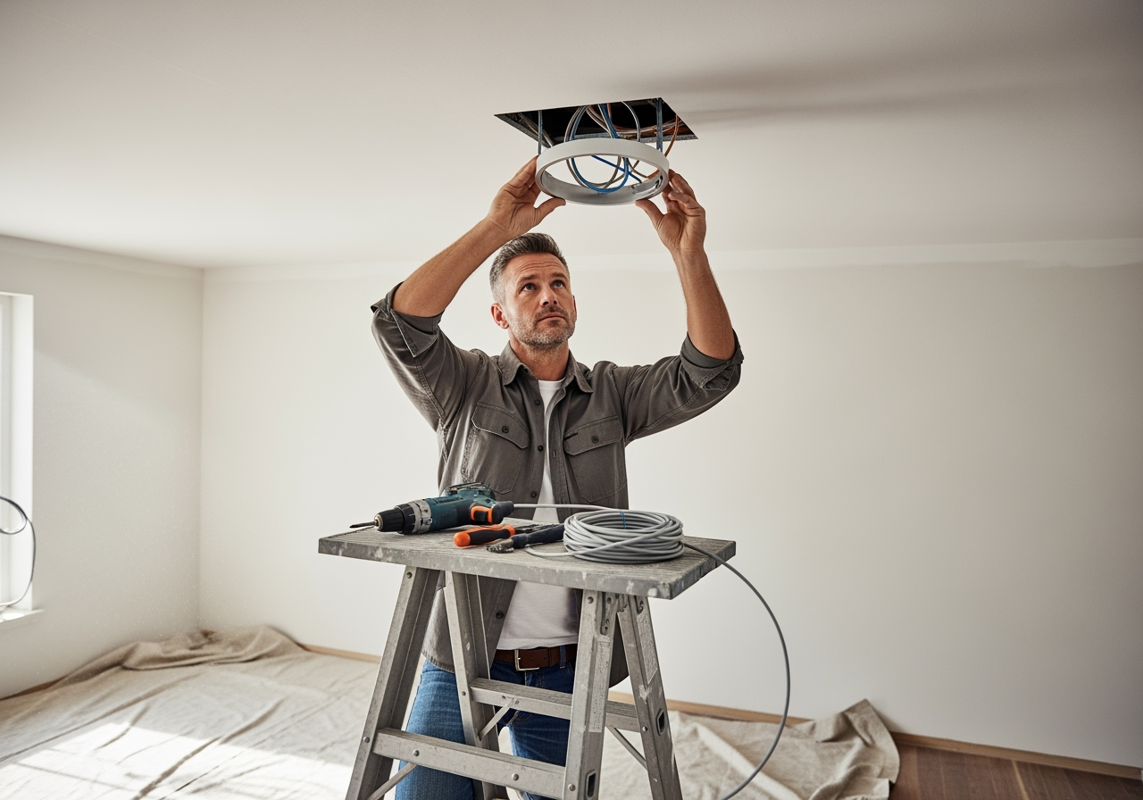 electrician installing a recessed light fixture - Residential Lighting