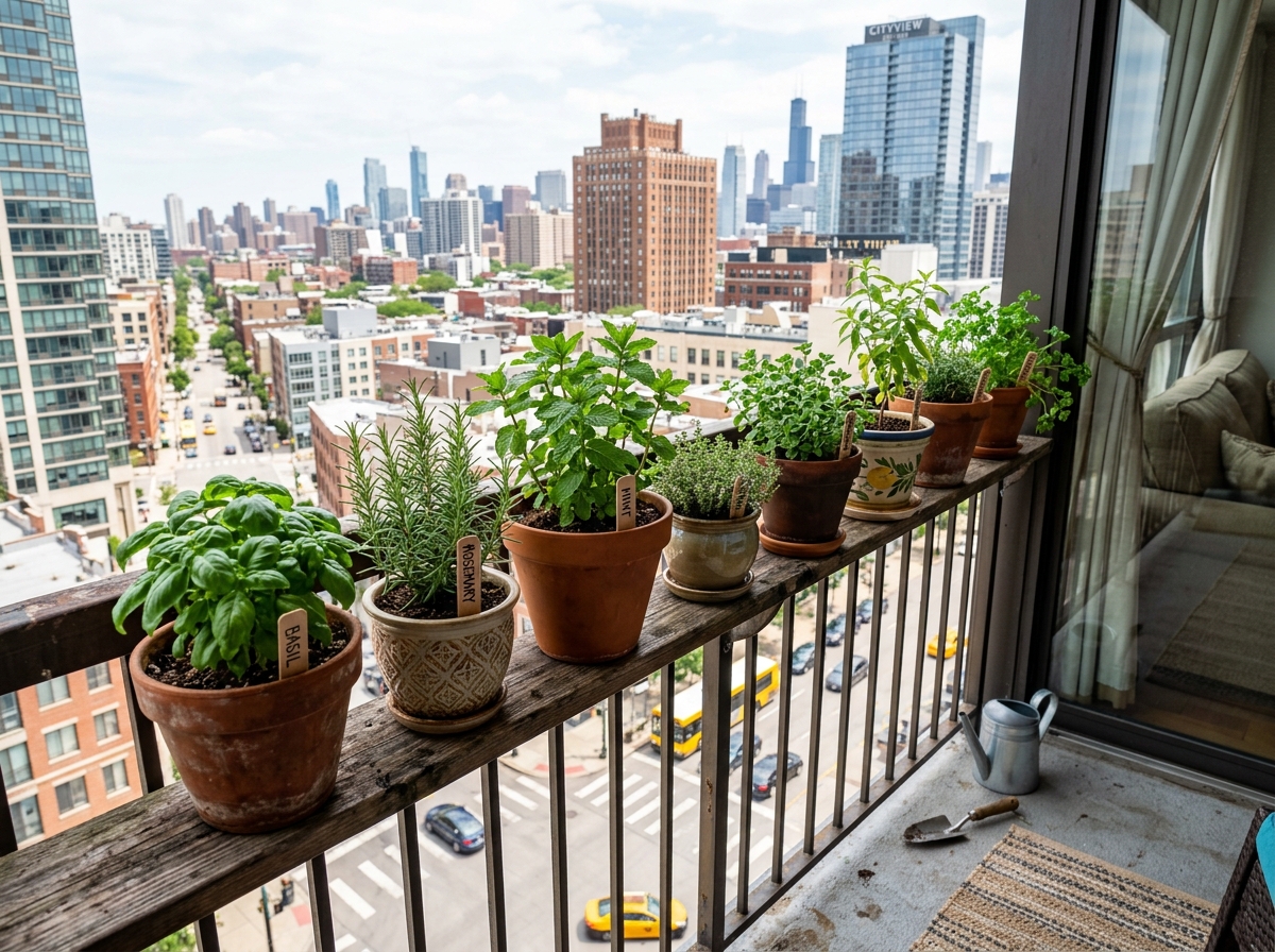 A collection of vibrant herbs in various terracotta and ceramic pots arranged on a sunny balcony railing - best herbs for