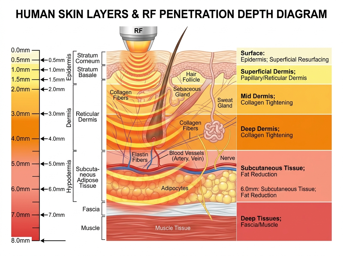 Illustration showing RF energy penetration depths from 0.5mm to 8mm - Morpheus8 skin tightening