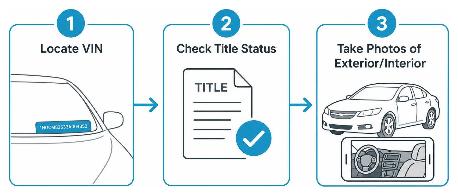 Diagram showing the preparation process: Step 1 Locate VIN, Step 2 Check Title Status, Step 3 Take Photos of Diagram showing the preparation process: Step 1 Locate VIN, Step 2 Check Title Status, Step 3 Take Photos of