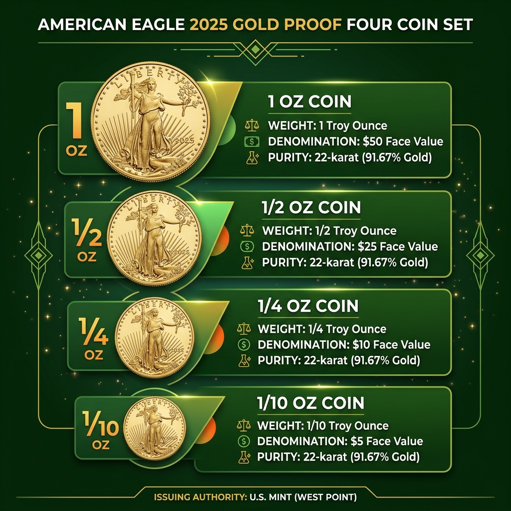 Infographic showing the four coins in the 2025 American Eagle Gold Proof Set with weights, denominations, and purity Infographic showing the four coins in the 2025 American Eagle Gold Proof Set with weights, denominations, and purity