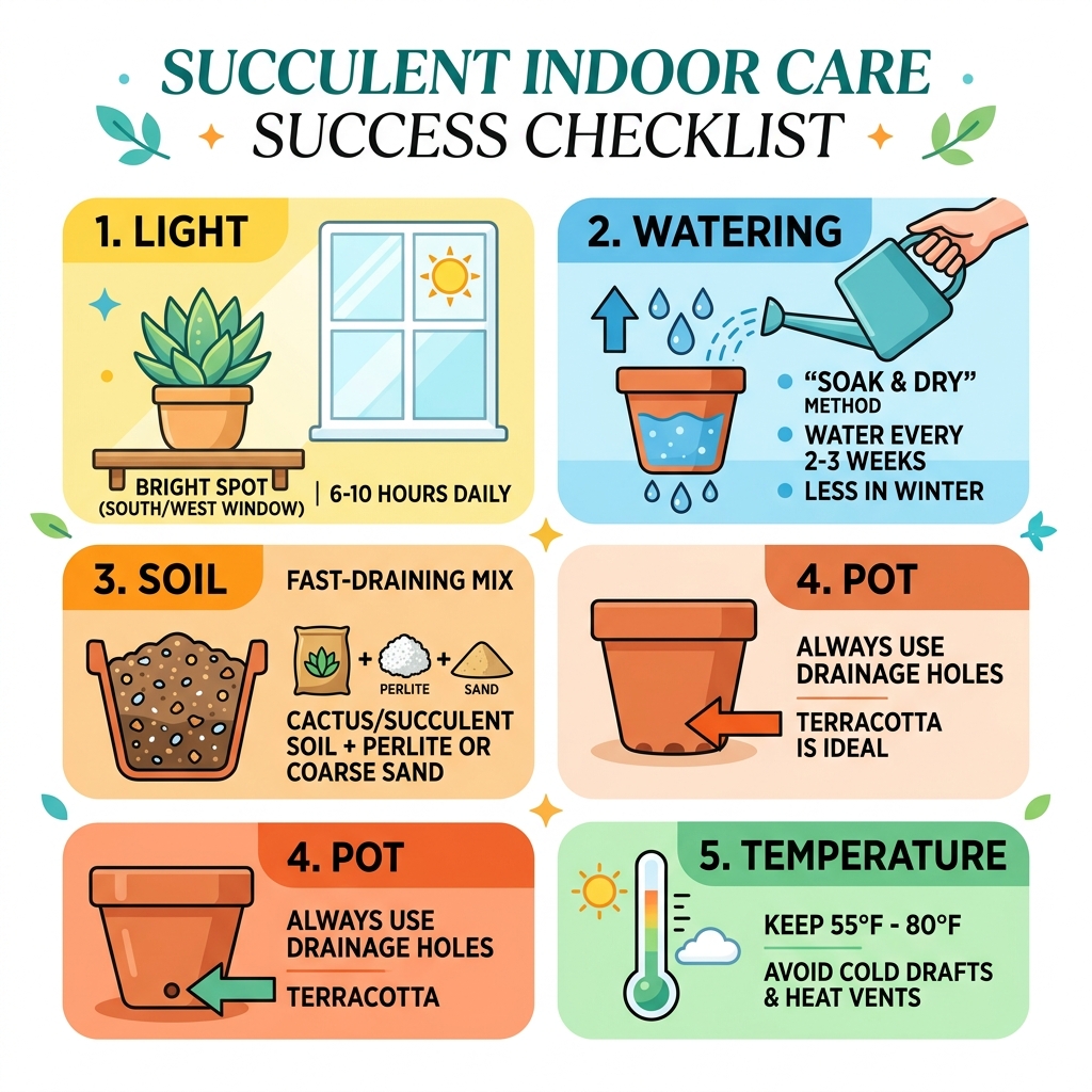 Succulent indoor care success checklist with light, water, soil, pot, and temperature tips - best way to care for succulents Succulent indoor care success checklist with light, water, soil, pot, and temperature tips - best way to care for succulents