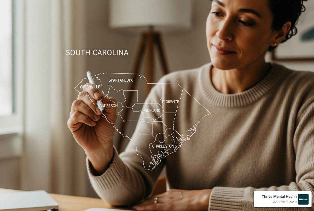 Person marking locations on a South Carolina map to find adult autism providers - Find providers for autism diagnosis and treatment for adults in South Carolina. Person marking locations on a South Carolina map to find adult autism providers - Find providers for autism diagnosis and treatment for adults in South Carolina.