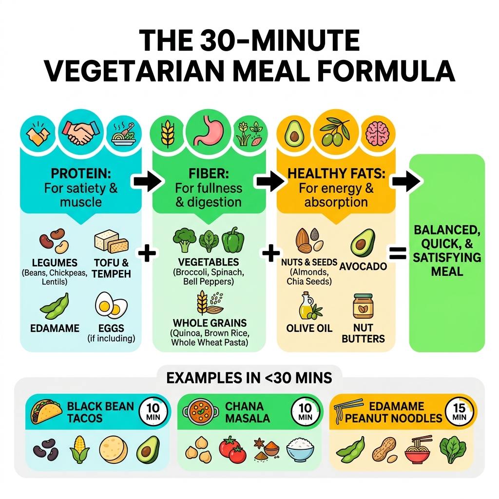 Infographic: The 30-minute vegetarian meal formula — Protein + Fiber + Healthy Fats with examples - 30-minute vegetarian Infographic: The 30-minute vegetarian meal formula — Protein + Fiber + Healthy Fats with examples - 30-minute vegetarian