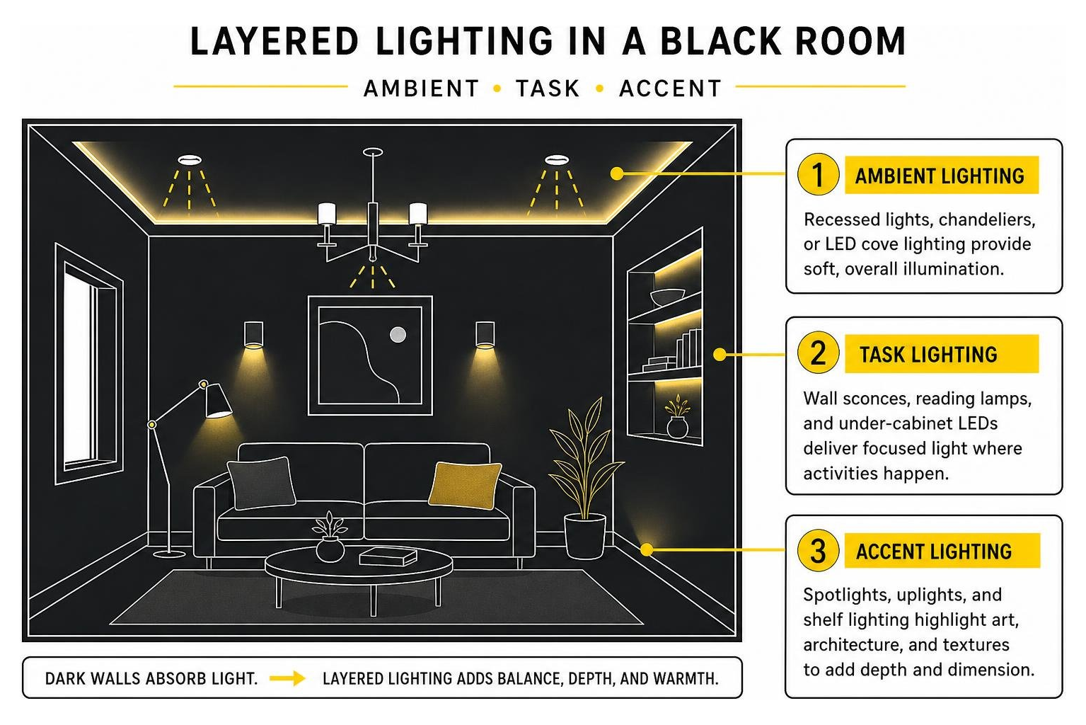 Layered lighting diagram showing ambient, task, and accent fixtures interacting with dark walls Layered lighting diagram showing ambient, task, and accent fixtures interacting with dark walls